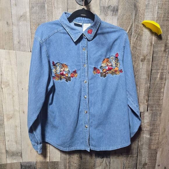 Bobbie Brooks Vintage 90s Denim Teddy Bear Fall Scene Embroidered Button Down Sh - Picture 1 of 5